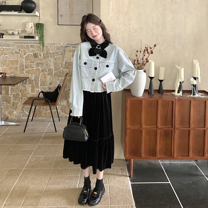 法式浪漫气质名媛丝绒长裙超好看牛仔短外套春秋两件套连衣裙套装