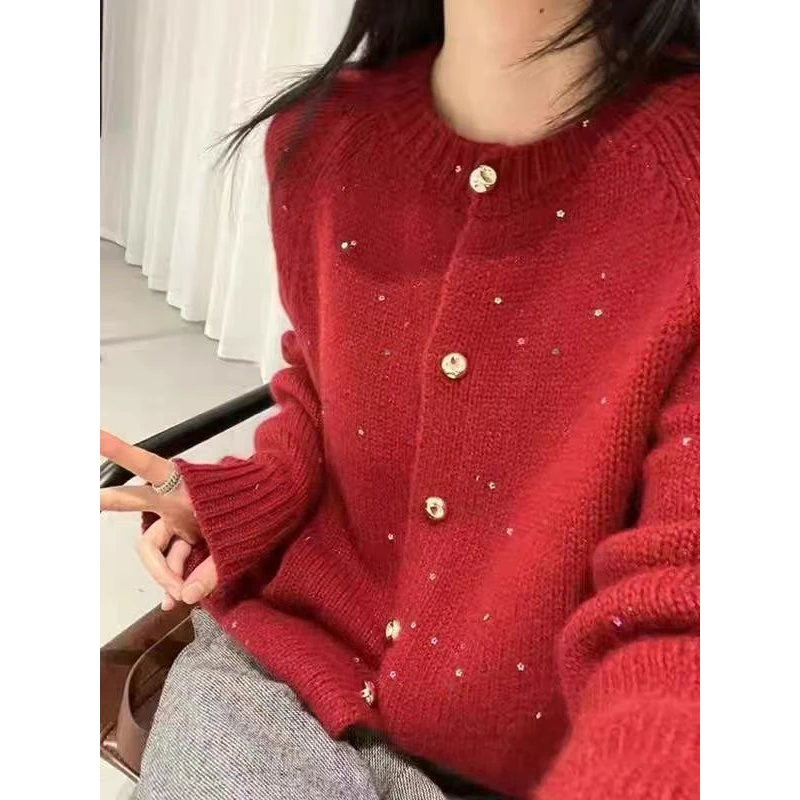 /岩石扣/新年款圆领花朵纽扣亮片针织开衫 衣长56 胸围54 93780