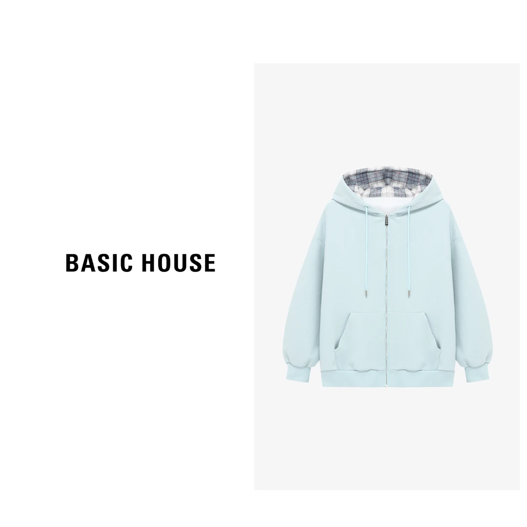Basic House/百家好百搭宽松连帽格子拼接休闲卫衣-B0625H5J302