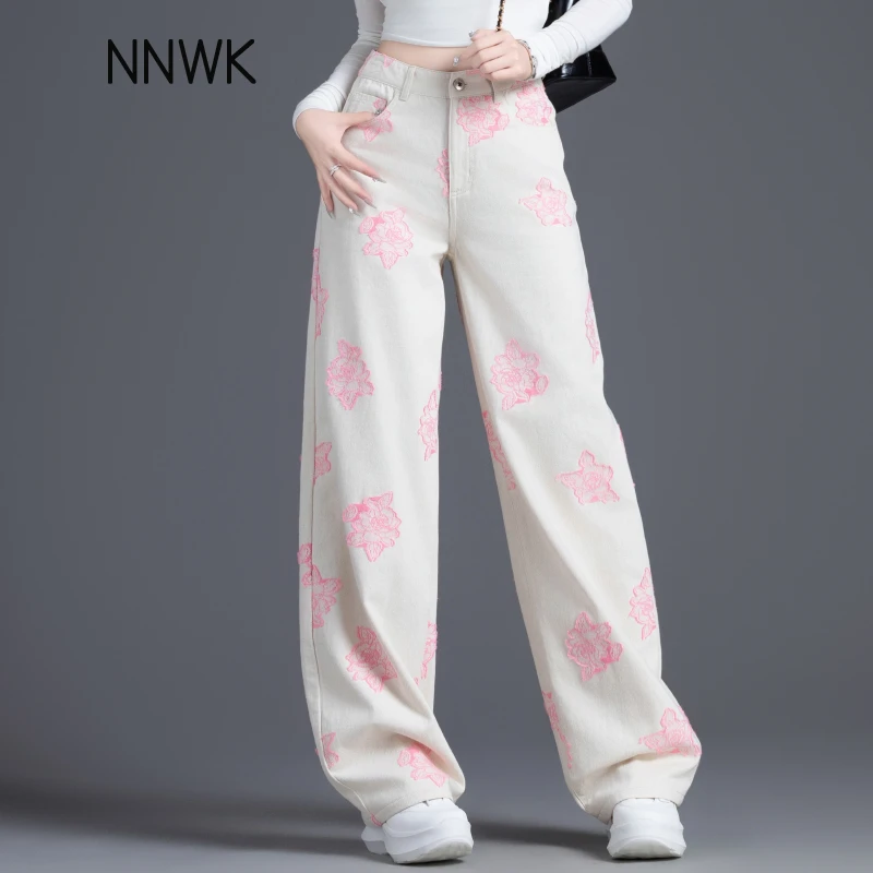 提花绣花米白色牛仔裤女2025新款宽松裤子高腰阔腿裤女窄版直筒裤