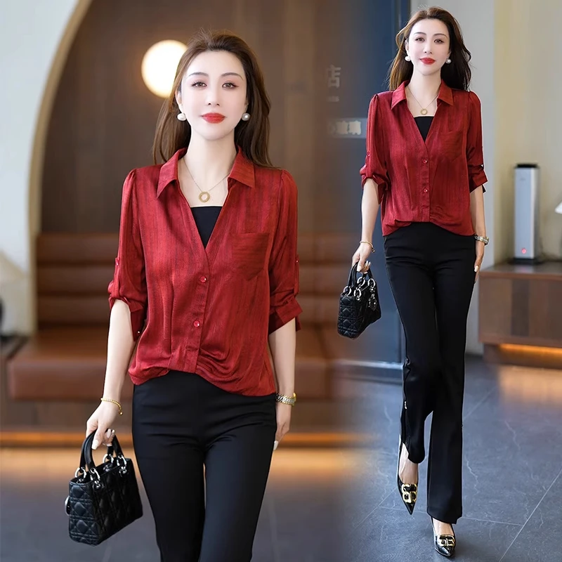 时尚假两件衬衫女2025春夏新款设计感洋气宽松遮肚子显瘦衬衣上衣