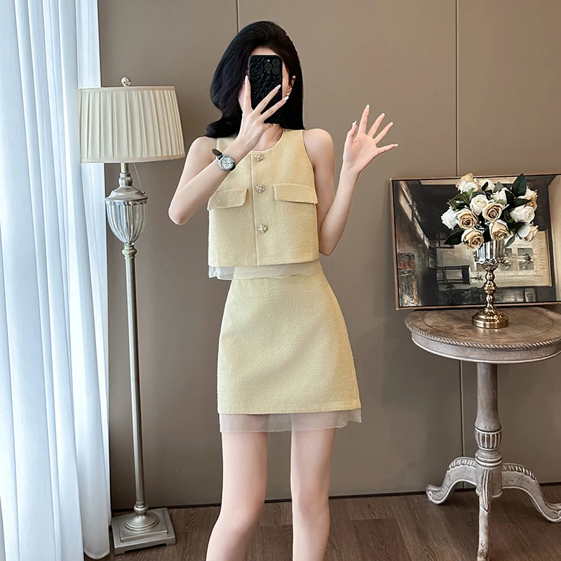 夏季时尚法式气质御姐风小香风套装女洋气网纱无袖上衣短裙两件套