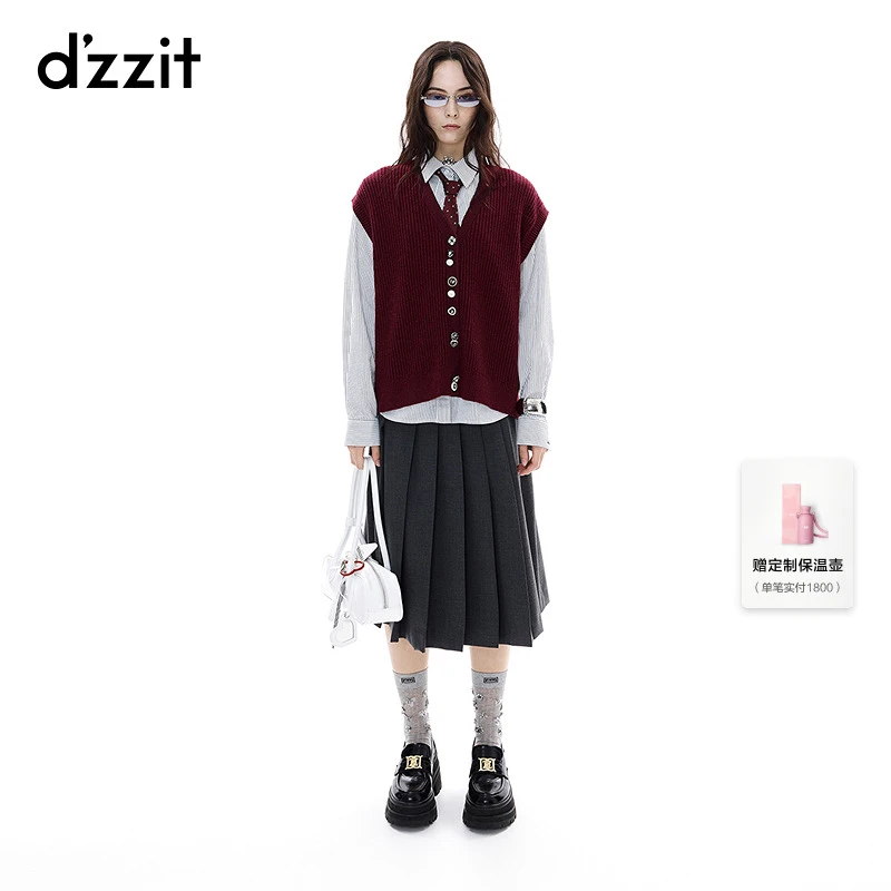 【商场同款新品】dzzit地素针织马夹25冬复古红色宽松上衣女3J4E550