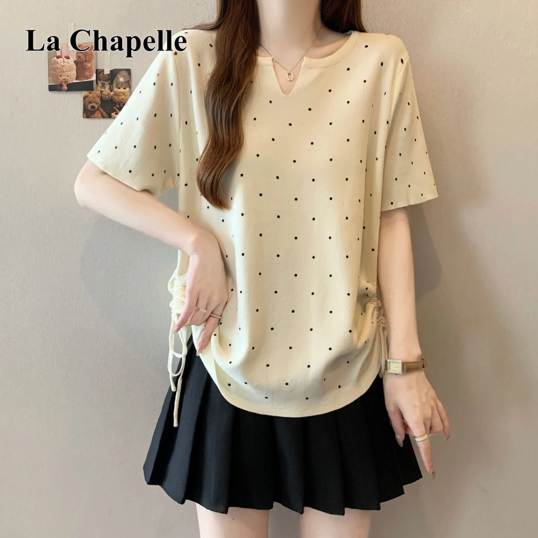 拉夏贝尔胖MM夏大码短袖正肩波点设计感抽绳显瘦针织衫上衣女薄款
