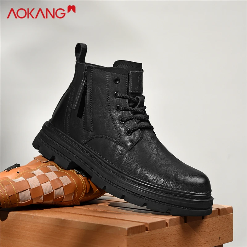 奥康男鞋秋季季百搭黑色英伦风高帮休闲马丁靴男士增高耐磨工装靴