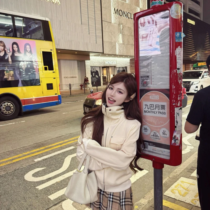 2025韩系学院拉链开衫格子裙裤新款洋气独特休闲卫衣套装-5101