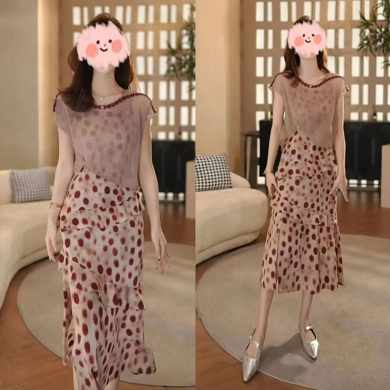 夏季新款波点短袖罩衫上衣高腰显瘦遮肉连衣裙气质套装洋气衣服女