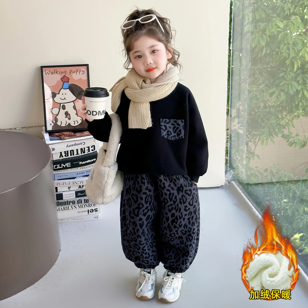 女童加绒加厚套装2025新款秋冬儿童女宝宝豹纹卫衣两件套运动洋气
