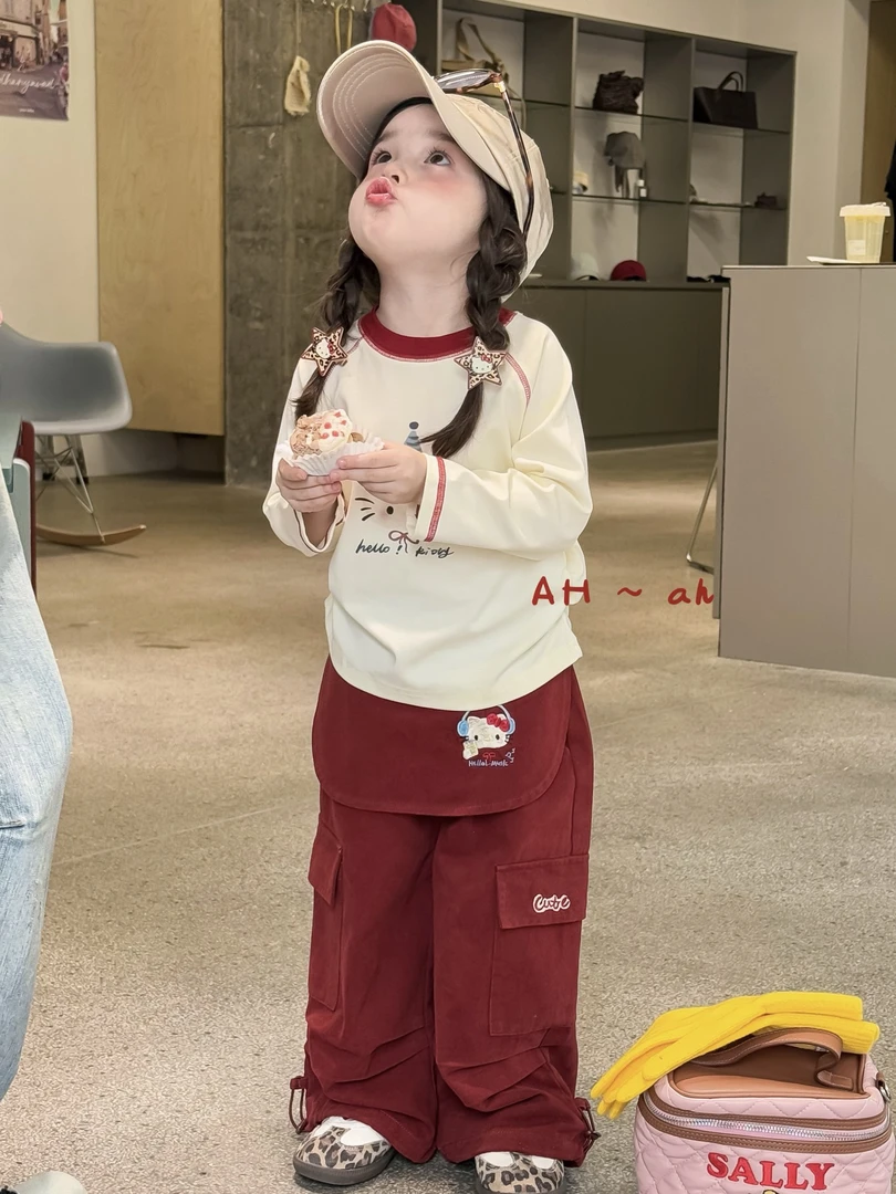 拉萨发货 女童工装裤T恤秋季新款韩版卡通猫咪上衣屁帘休闲裤套装