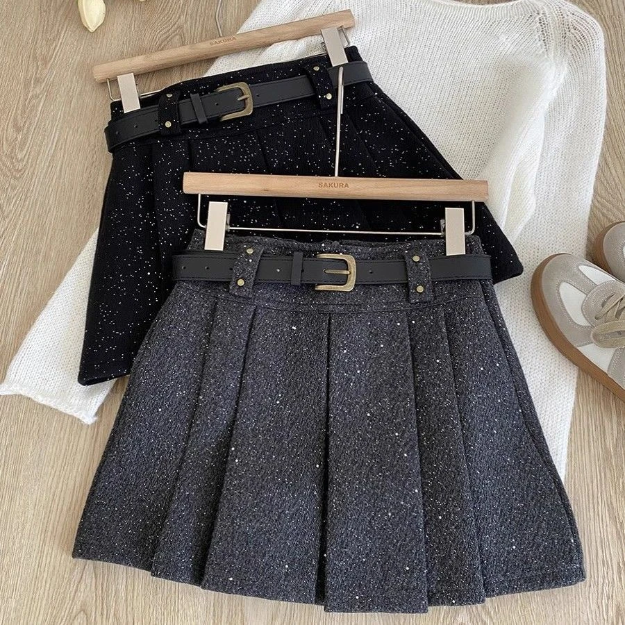 亮片毛呢a字百褶短裙2024秋冬款韩版高腰显瘦百搭防走光半身裙女