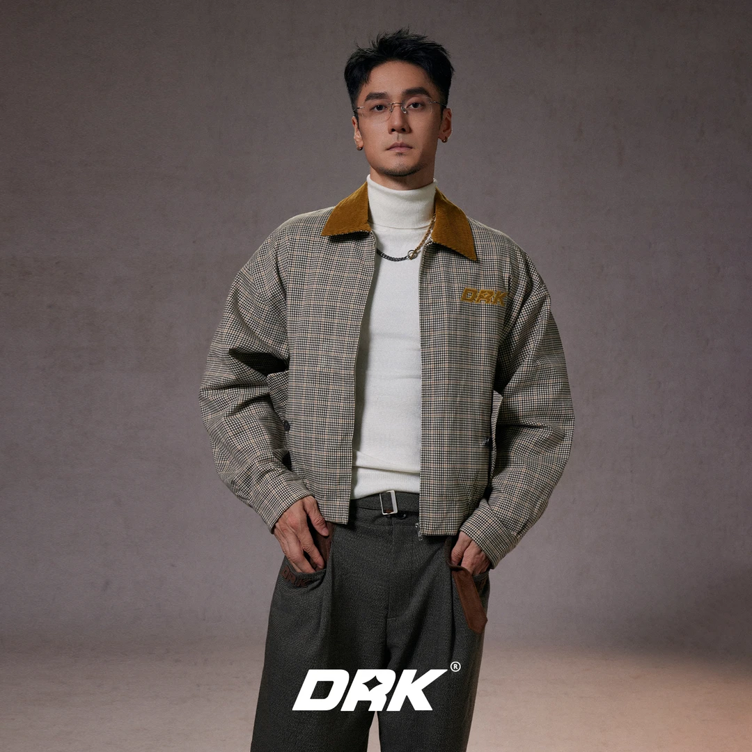 DRK【回溯】千鸟格拼接套装美式复古翻领帅老钱短夹克外套男