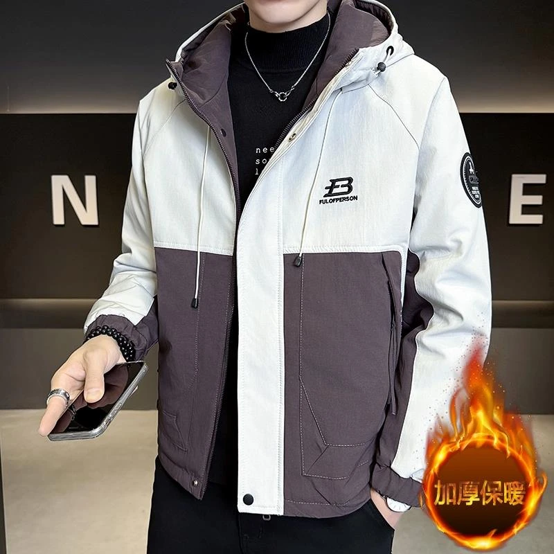 轻奢痞帅男装美式休闲拼色外套男款秋冬2025新款加棉加厚连帽夹克