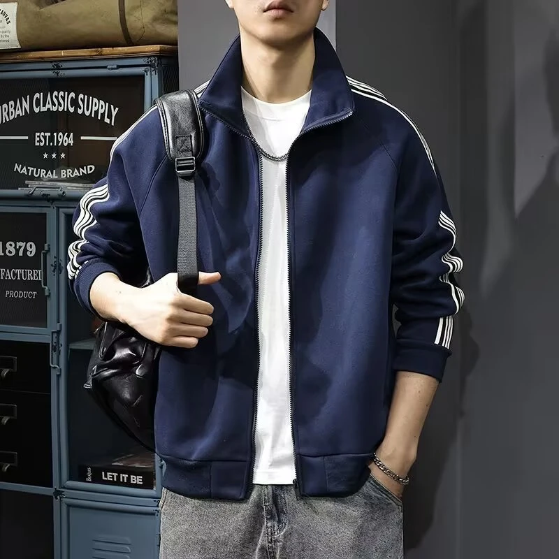 秋冬美式加厚立领开衫卫衣男潮2025新款拉链夹克条纹运动休闲外套
