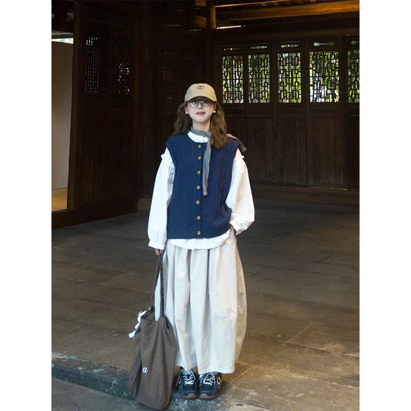 INS CEC韩系设计感花边衬衫叠穿麻花针织马甲上衣A字半身裙套装女