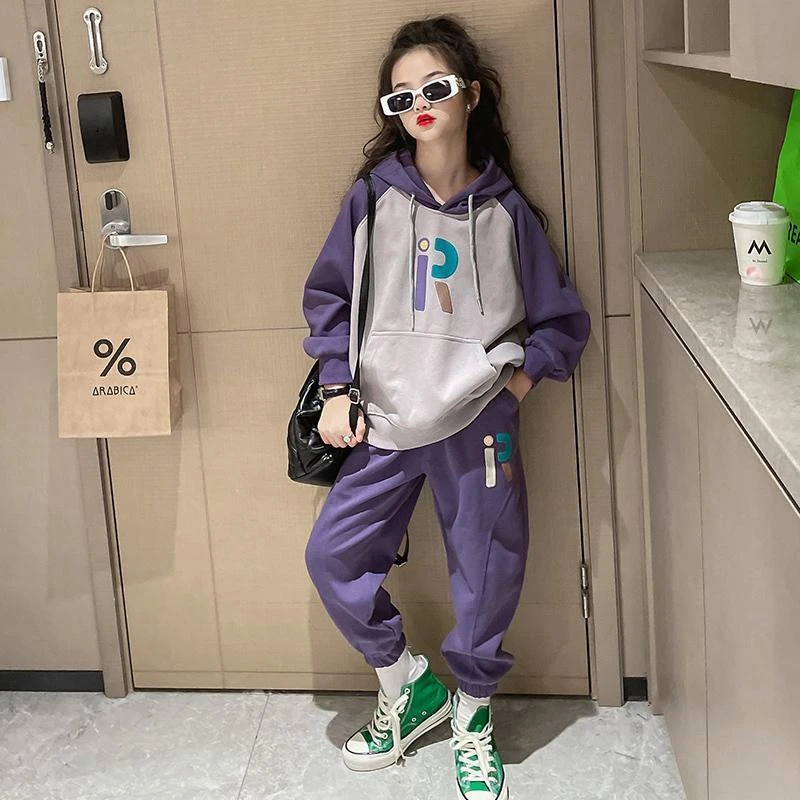 女童秋装套装2025新款韩版连帽卫衣中大童时髦洋气休闲运动两件套