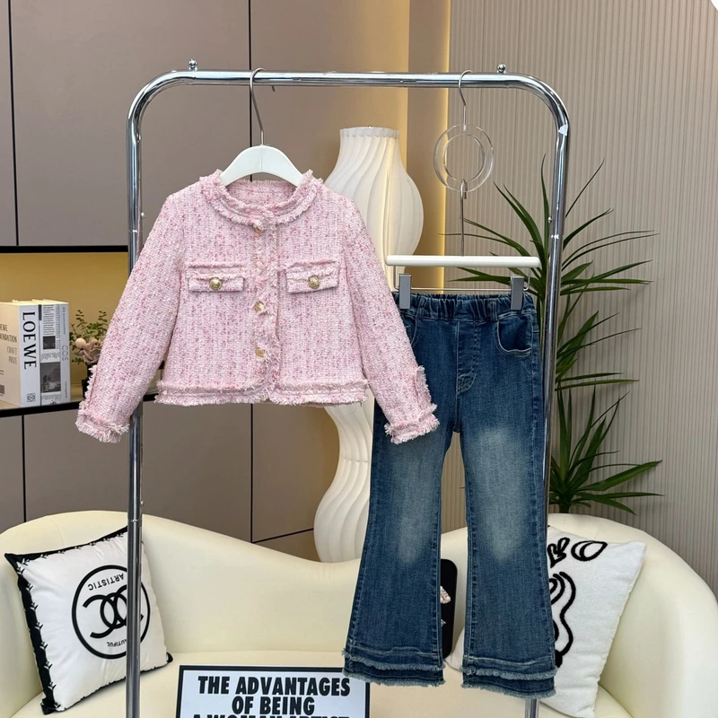2025女童春装小香风外套新款时髦女孩春季上衣+牛仔裤套装