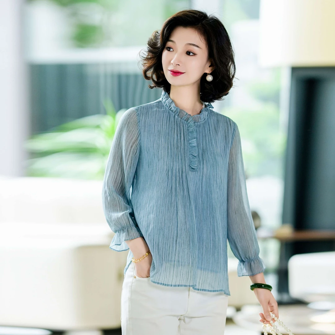 西子/【蓝梦岛】法式宫廷风蕾丝花边立领肌理感显瘦上衣/SYHJ069