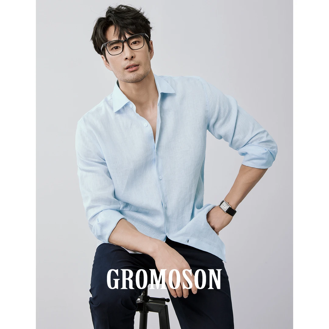 高纱织雨露麻 秋季老钱风男士透气长袖衬衫时尚休闲蓝色亚麻衬衣