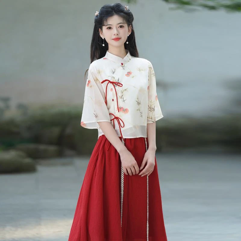 新中式汉服女款新款国风改良旗袍上衣半身裙两件套装禅意茶服