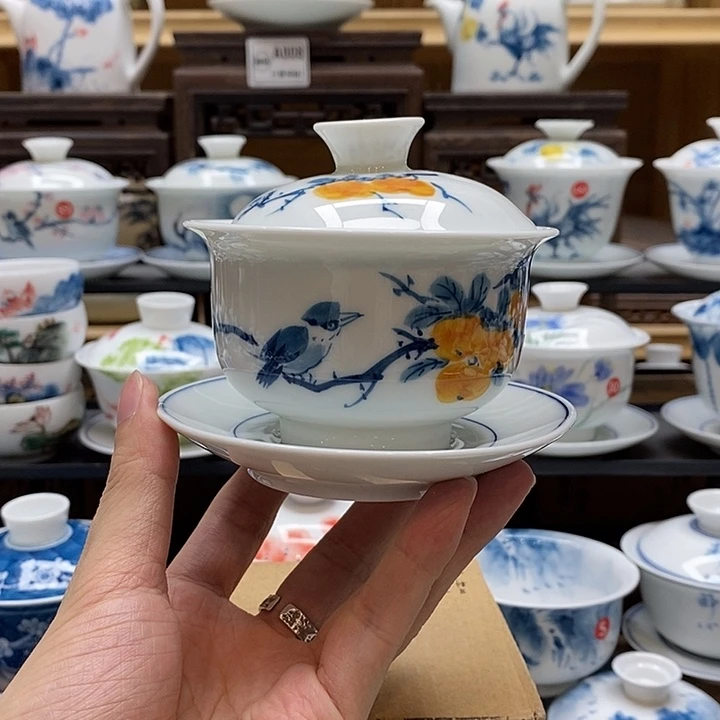 手绘喜柿图160cc盖碗釉下彩微瑕福利款