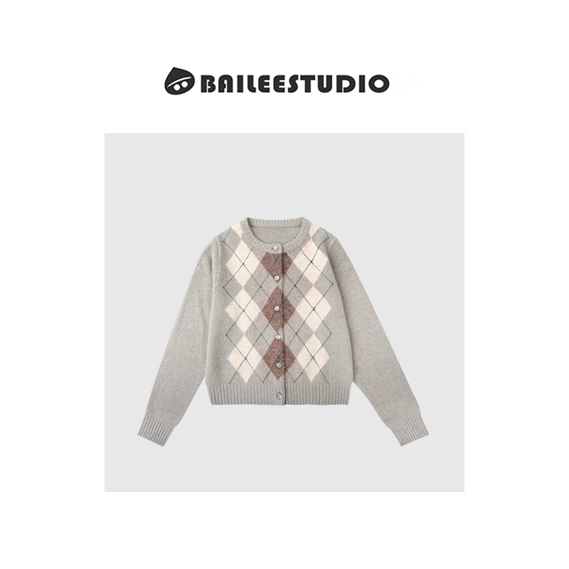 【柏栗良品】春季新品~可爱风撞色圆领菱格百搭长袖开衫122610