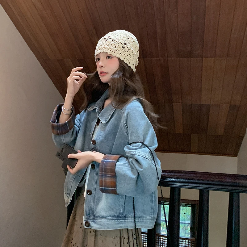 格子拼接翻领牛仔外套女春秋2025新款今年流行超火韩系短款上衣