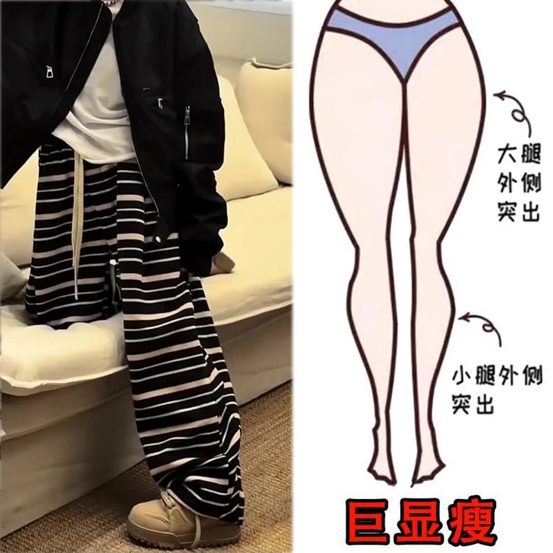 冬季爆款加绒加厚大码洋气条纹抽绳休闲裤今年流行显瘦宽松阔腿裤