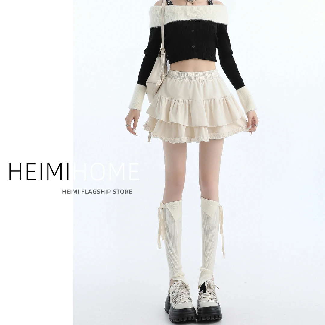 学院风木耳边杏色蛋糕裙女春秋季松紧腰蓬蓬裙子防走光金丝绒短裙