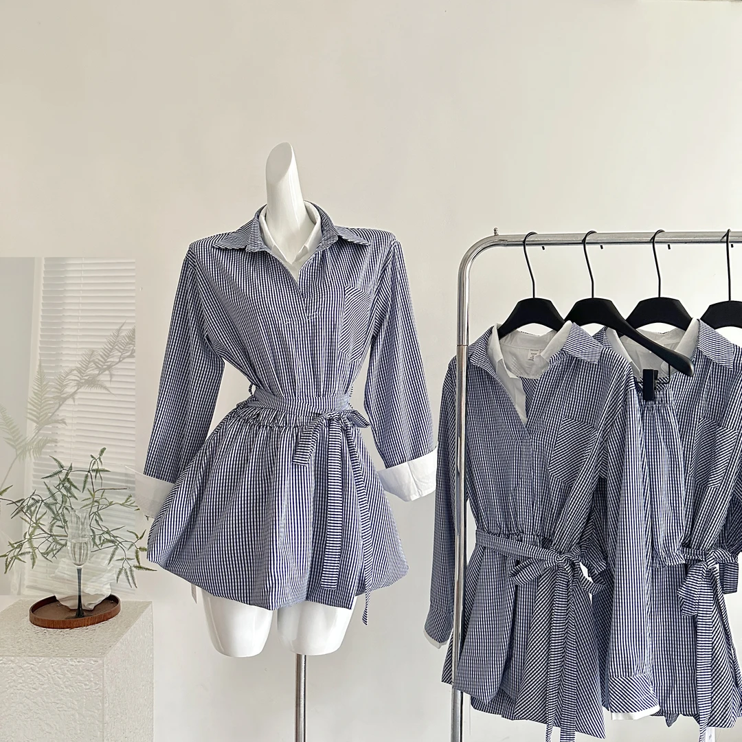 CallmeEar//假两件衬衫裙学院风衬衫裙秋系带收腰A字条纹连衣裙