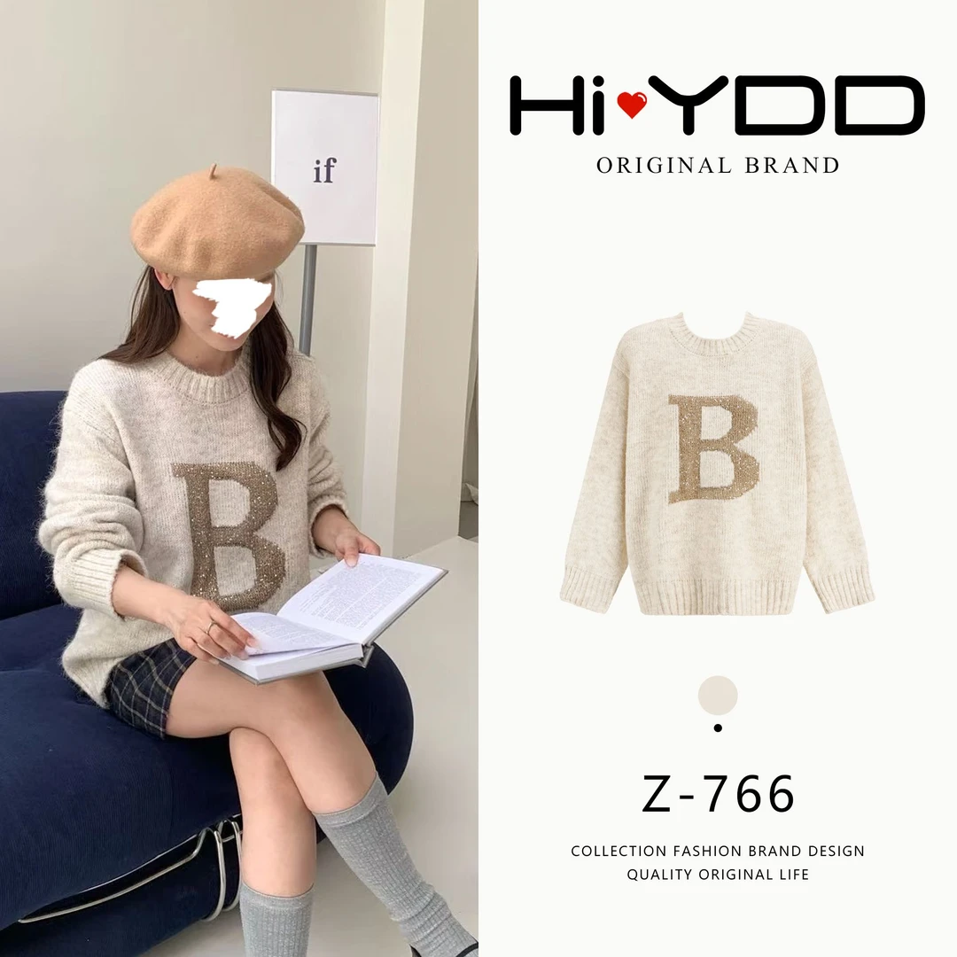 YDD•「Z-766」秋冬新款休闲百搭圆领字母长袖套头针织衫女WJ-981