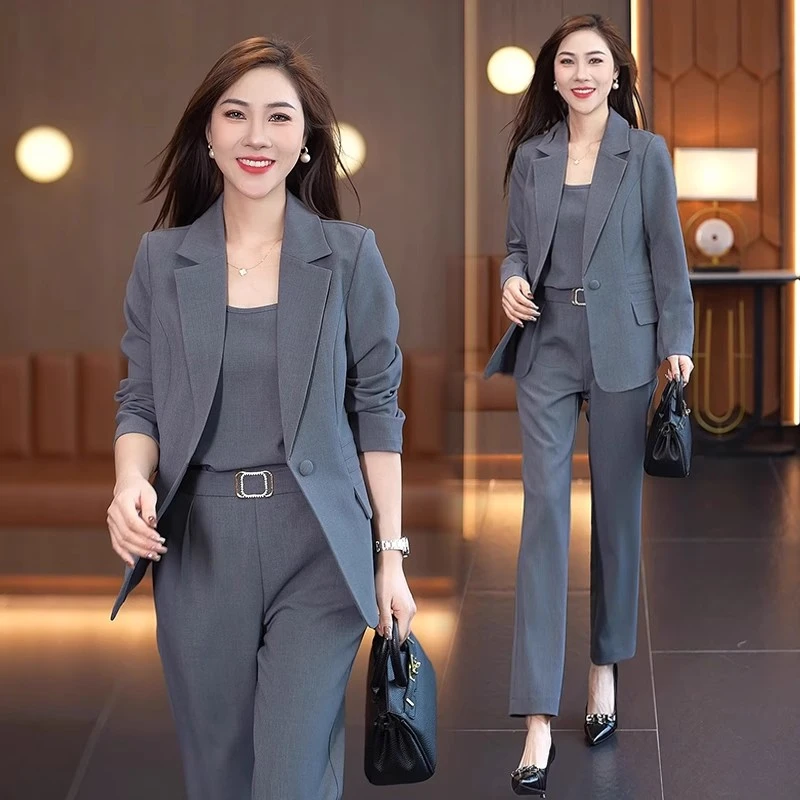 时尚套装女2025秋季新款洋气职业装西装外套直筒裤显瘦气质三件套