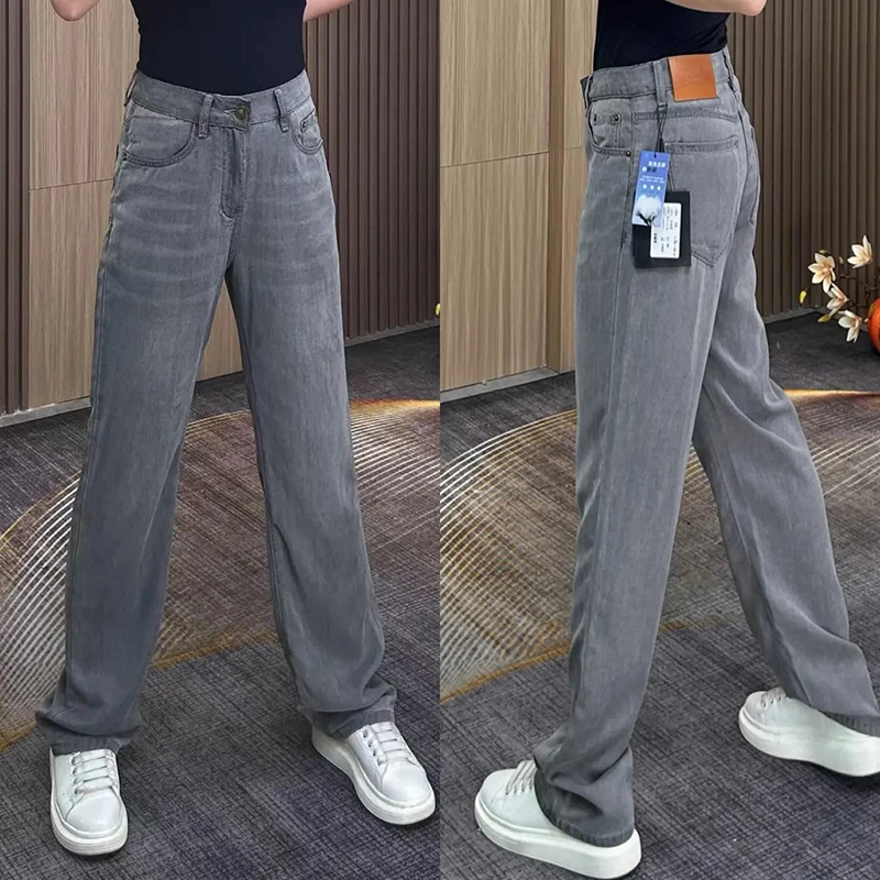 轻奢新款灰色牛仔裤男春季时尚修身显瘦休闲裤高街潮牌美式阔腿裤