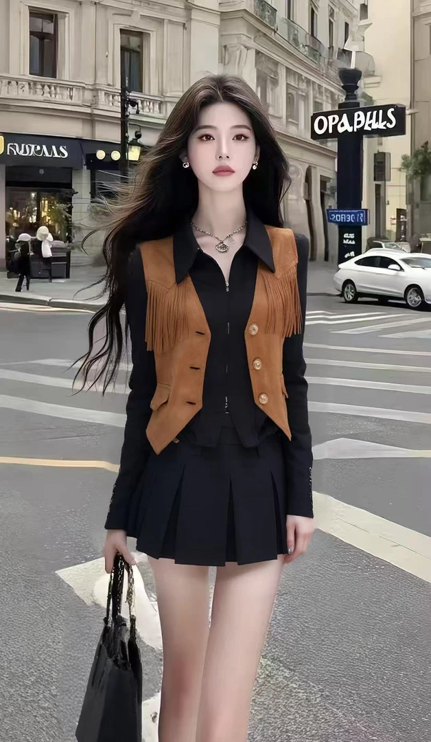 简约休闲风气质穿搭黑色长袖翻领拉链上衣+黑色百搭半身裙两件套