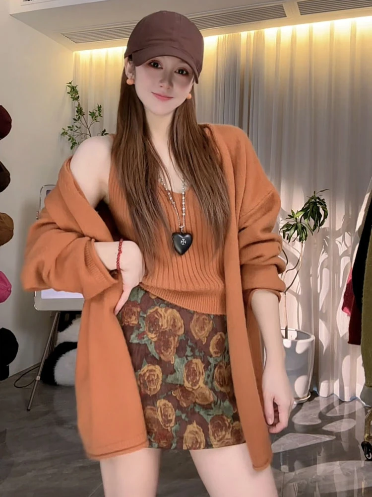 韩系复古宽松慵懒风秋季气质百搭背心针织开衫长袖两件套毛衣外套