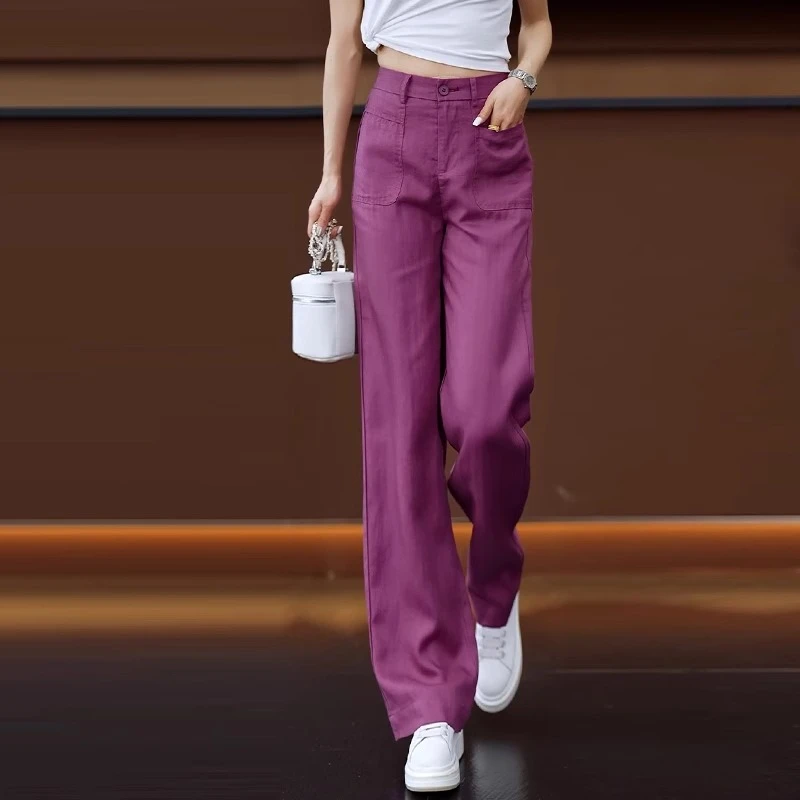 紫色天丝亚麻裤子女夏天薄款阔腿裤2025新款时尚休闲百搭直筒女裤