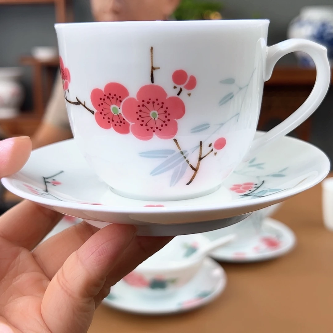 高白瓷翠竹红梅咖啡杯碟瑕