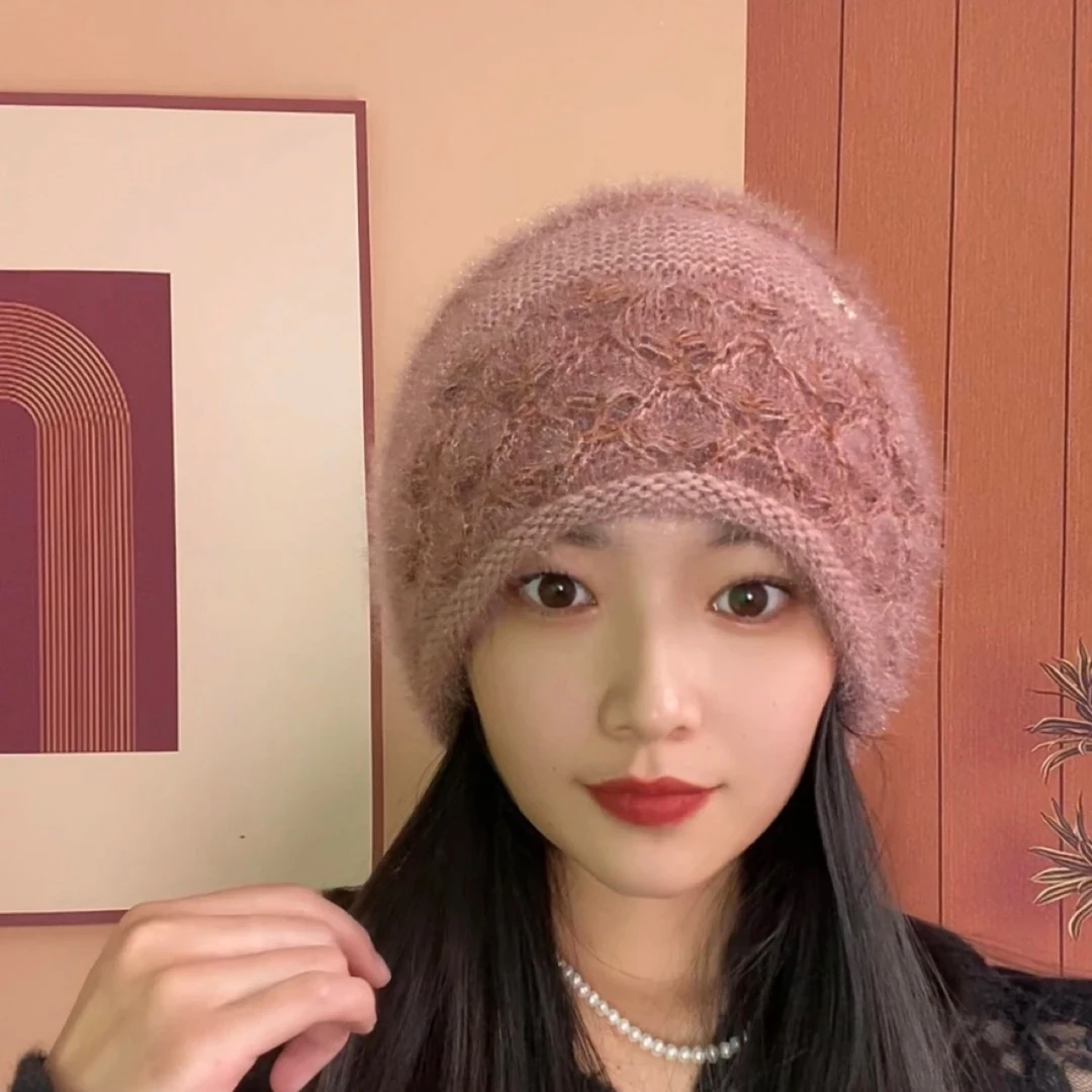 女士针织保暖松鼠绒毛线帽秋冬时尚保暖包头帽优雅镂空钩花针织帽