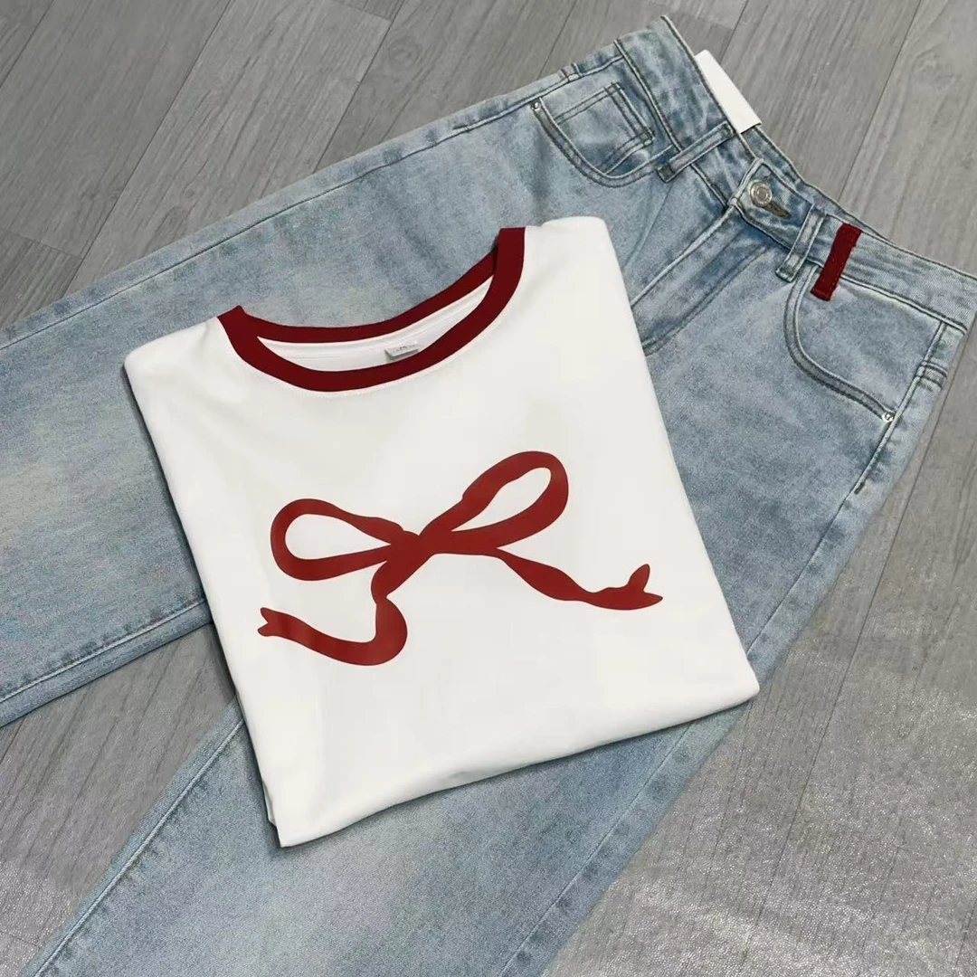 玲玲服饰【01004#拼色蝴蝶结短袖T】