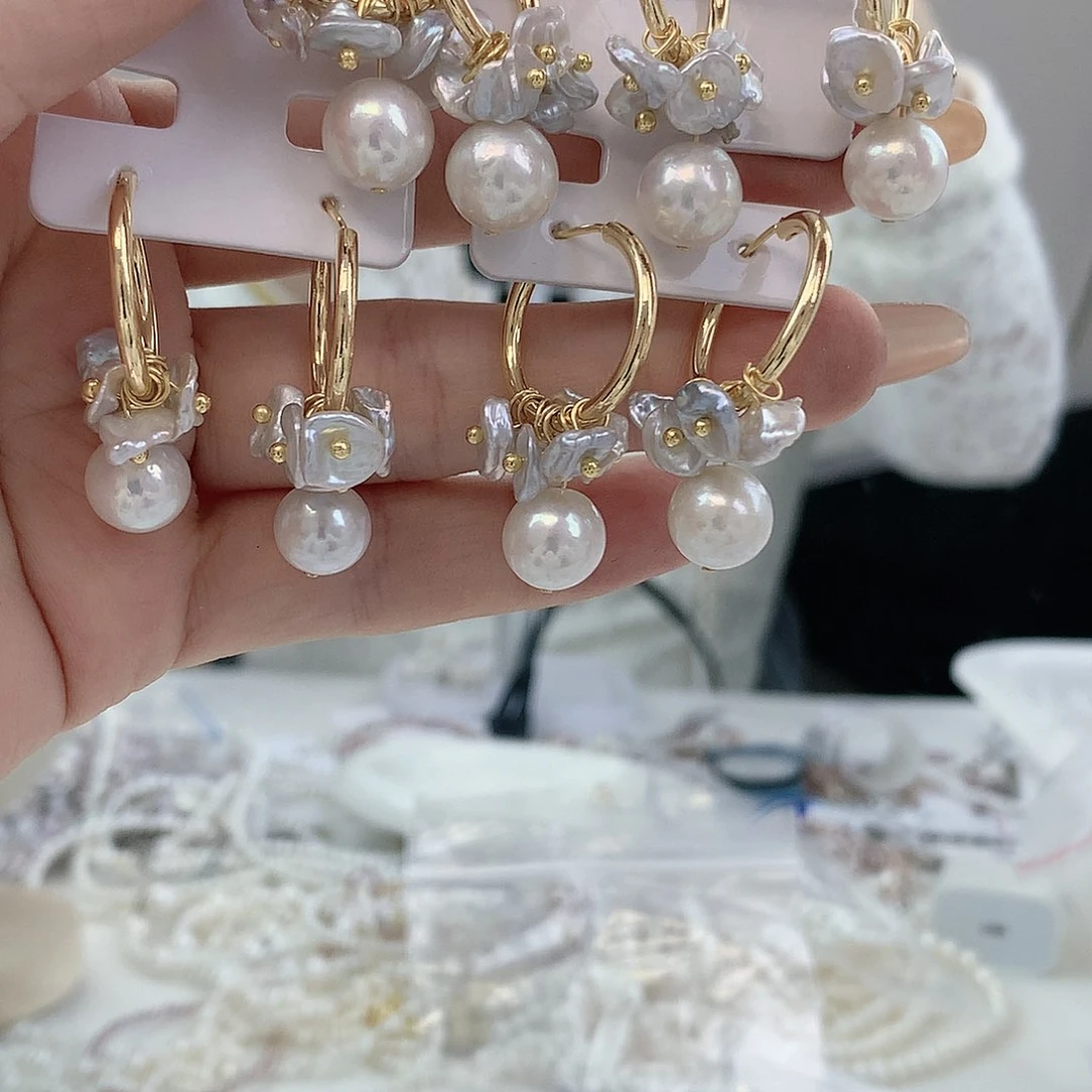 银S925镶嵌耳饰淡水珍珠金圈