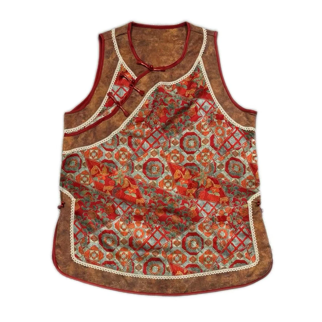 28088#夏季新中式《冰窗胭脂》女刺绣时尚潮流气质百搭复古坎袖上衣