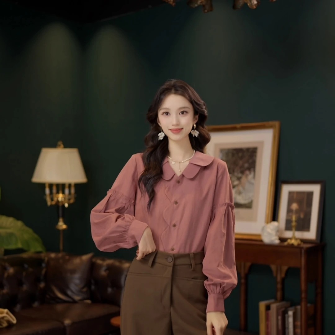 琦琦【桃花潭水】欧若风长袖衬衫女时尚休闲宽松上衣YW2023048