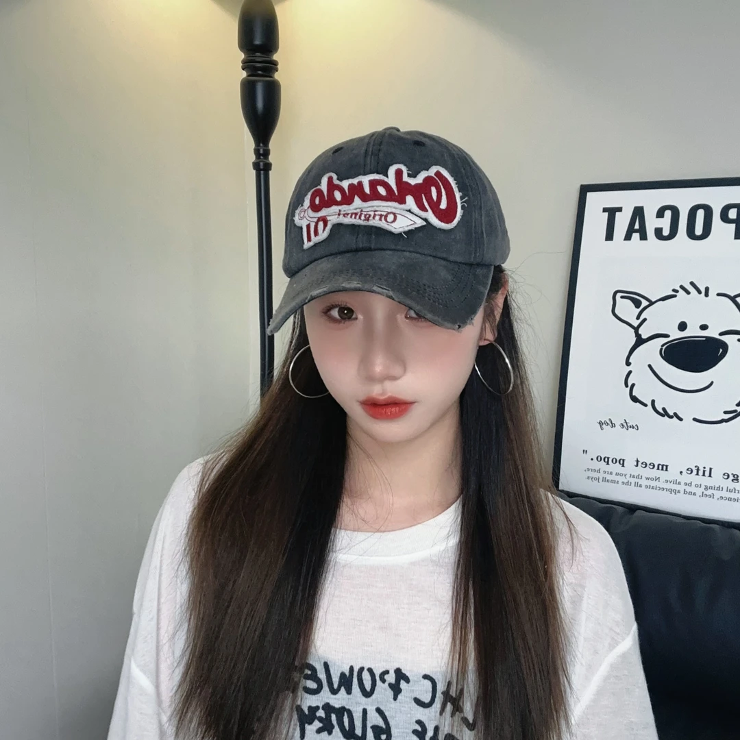 春夏水洗做旧鸭舌帽美式复古牛仔帽子女显脸小刺绣字母软顶棒球帽