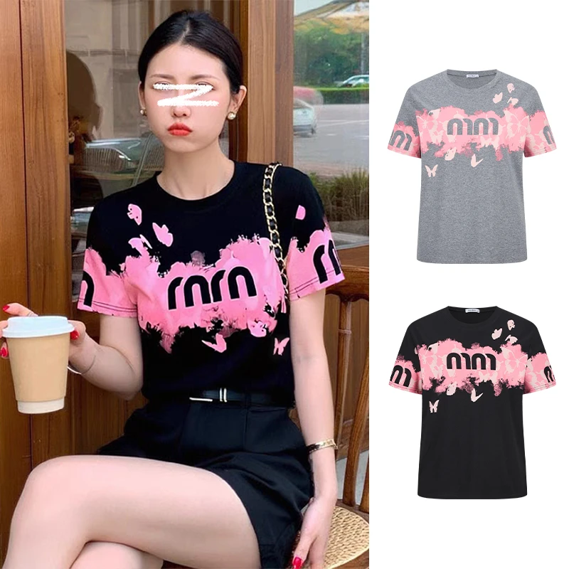 Moses Queen/魔西女王蝴蝶印花圆领正肩短袖T恤胖mm夏季洋气上衣