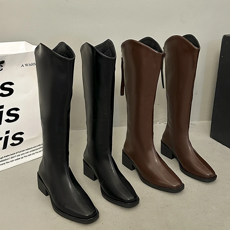 时装靴配大衣的靴子百搭过膝高筒靴牛仔方头骑士