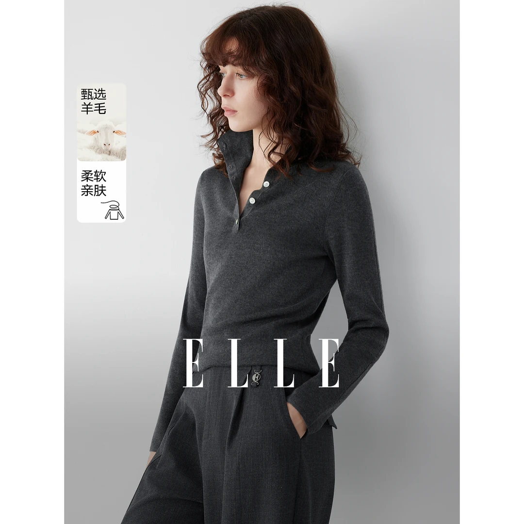 ELLE绵羊毛高级感针织衫女2025秋季新款休闲翻领套头毛衣EM51632