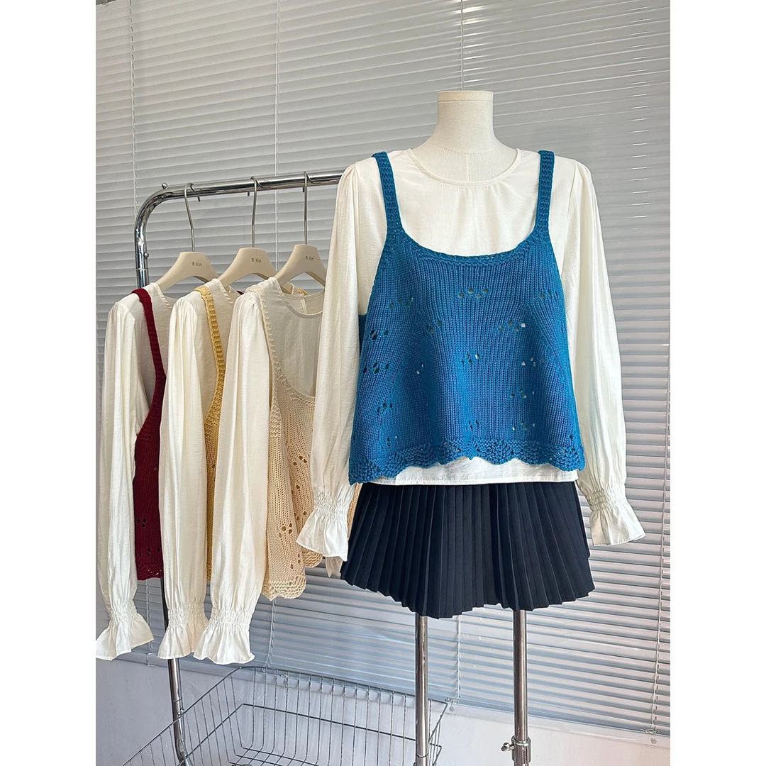 韩系镂空针织吊带背心女2025秋新款设计感好看叠穿长袖衬衫两件套