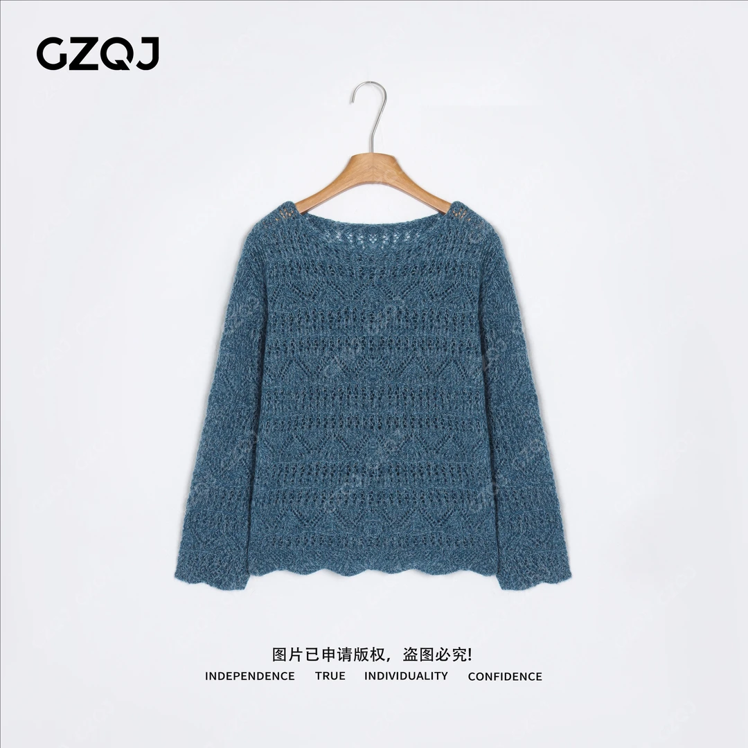 老琴私服【绒绒暖茶】 绵羊毛时尚镂空钩花针织衫女秋款 7813