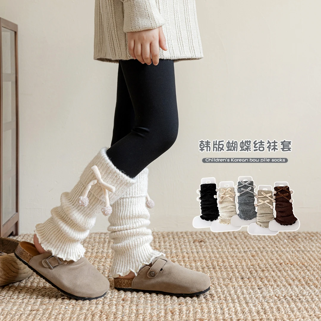 蝴蝶结堆堆袜套春秋毛球女童韩系针织堆堆小腿套女孩子洋气长筒袜