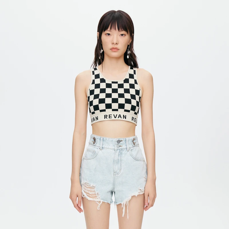 REVAN芮范酷感米黑棋盘格健身背心O31202054