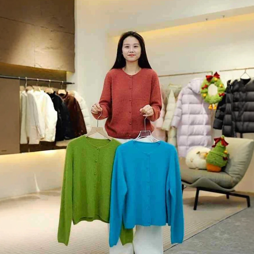 1216-21海盐蓝晶#拉绒山羊绒开衫